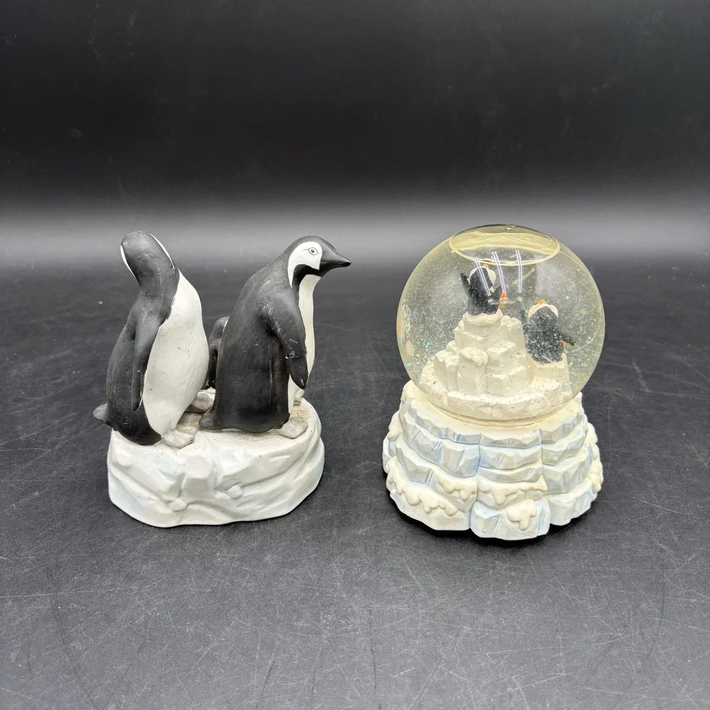 Vtg Penguin Snow Globe &‎ A Ceramic Penguin Figurine Musicboxes